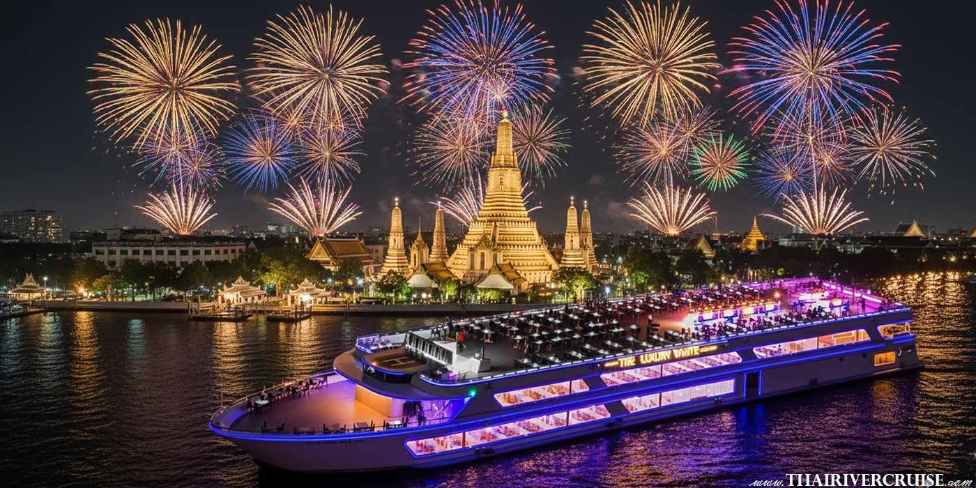Luxury White Cruise Bangkok New Year Eve 2026 Fireworks. Book your ultimate Luxury White Cruise Bangkok New Year EVE 2026 Dinner Cruise & Watching Fireworks on the Chao Phraya River. Enjoy a 5-star gala buffet, live music, and the best view of the Bangkok New Year Eve 2026 countdown.