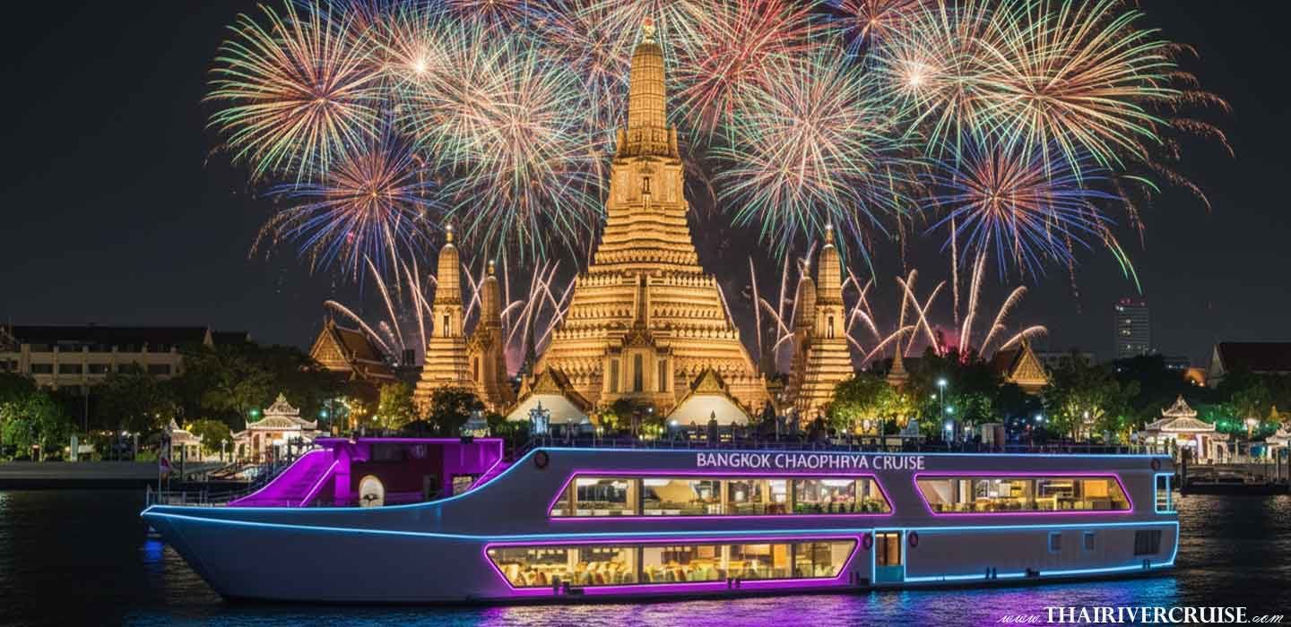 Celebrate year end at the best countdown party Bangkok Chaophraya Cruise New Year Eve countdown 2026 dinner watching fireworks. Ticket book