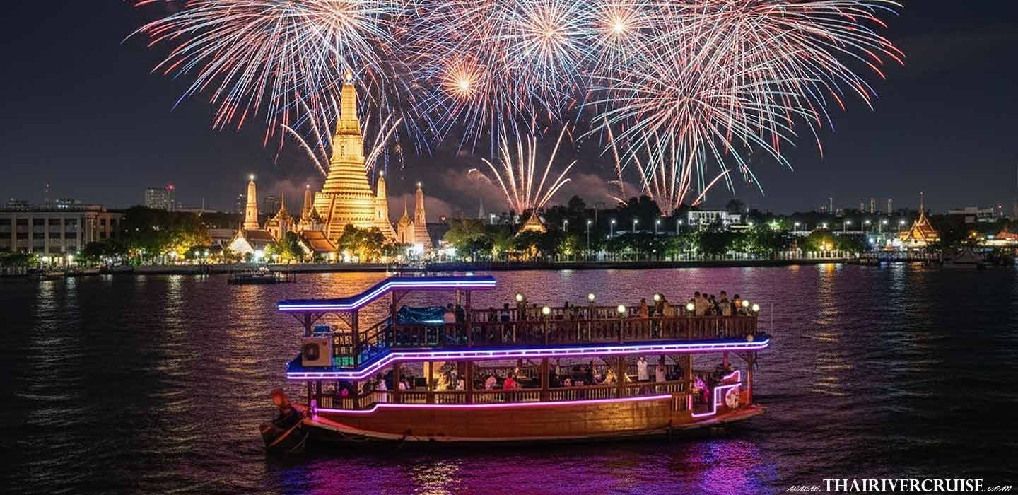 Price ticket booking for Rice Barge New Year Eve 2026 Bangkok Mahapatra Cruise romantic boat Chaophraya river countdown watching firework