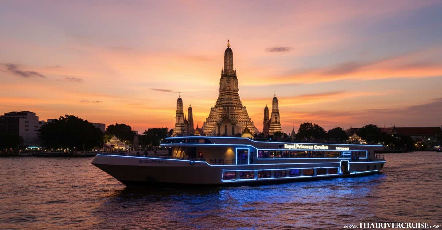 Royal Princess Cruise Sunset Dinner Cruise Bangkok - Royal Princess Cruise, Sunset Dinner Cruise Bangkok, Asiatique The Riverfront, Chao Phraya River, Bangkok luxury cruise, riverside dining, Wat Arun sunset, international buffet Bangkok, seafood dinner cruise, Bangkok evening activity, romantic dinner Bangkok, Asiatique Pier 1, three-deck cruise, live music cruise, Bangkok skyline, travel Bangkok, river sightseeing, sunset buffet, Bangkok tourism, night market Asiatique, Chao Phraya dinner, Thai classical dance, Rama VIII Bridge, ICONSIAM cruise, riverside buffet, Bangkok holiday, sightseeing boat, evening cruise Bangkok, Bangkok sunset views, Royal Princess Sunset Cruise.