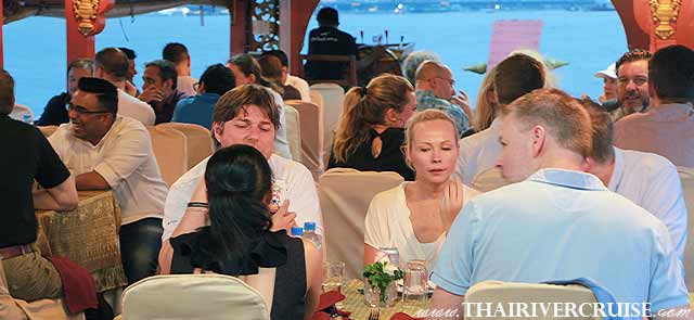 Authentic Chao Phraya River antique boats comfortably accommodate smaller groups (typically 40 to 75 passengers), maximizing face-to-face connection.: Private ricebarge sunset dinner river boat Bangkok "Customer Appreciation Party Event" Authentic Chao Phraya River antique boats comfortably accommodate smaller groups (typically 40 to 75 passengers), maximizing face-to-face connection.: Private ricebarge sunset dinner river boat Bangkok "Customer Appreciation Party Event"