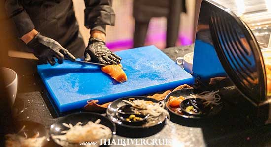 Salmon Sashimi SEAFOOD ON ICE & GRILLED: Steamed River Prawns | Steamed Mussels | Salmon Sashimi | Grilled Prawns | Grilled Areola Babylon | Grilled Squid - Super Galaxy Cruise Bangkok luxury cruise Chao Phraya River Dinner Cruise at ICONSIAM