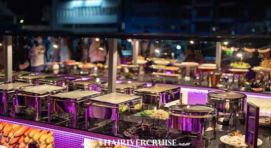 2.5 hour cruise along the Chao Phraya River: Enjoy a full 2 hours and 30 minutes of cruising past Bangkok's most iconic riverside landmarks Free-flow drinks: Enjoy unlimited soft drinks, hot coffee, hot tea, and drinking water (served by glass) Thai & International Buffet: Indulge in a gourmet selection including Seafood on Ice, Grilled Seafood, and a live Teppanyaki station - Super Galaxy Cruise Bangkok luxury cruise Chao Phraya River Dinner Cruise at ICONSIAM