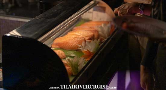 Salmon Sashimi Japanese food menu- Super Galaxy Cruise Bangkok luxury cruise Chao Phraya River Dinner Cruise at ICONSIAM