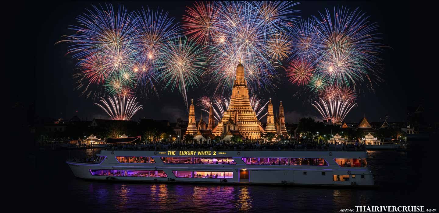 Newest luxury Chaophraya river cruise The Luxury White Cruise 2 New Years Eve 2026 Bangkok NYE rooftop dinner diner cruise countdown firework Newest luxury Chaophraya river cruise The Luxury White Cruise 2 New Years Eve 2026 Bangkok NYE rooftop dinner diner cruise countdown firework
