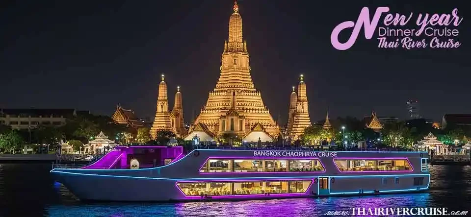 Bangkok Chaophraya Cruise upper deck gala dinner setup for New Year's Eve countdown Bangkok Chaophraya Cruise upper deck gala dinner setup for New Year's Eve countdown