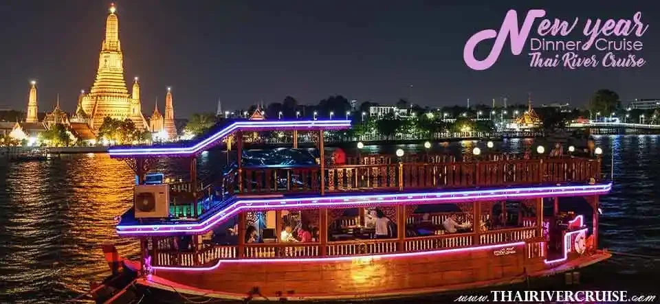 Mahapatra Cruise traditional rice barge fine dining setup for New Year's Eve Bangkok Mahapatra Cruise traditional rice barge fine dining setup for New Year's Eve Bangkok