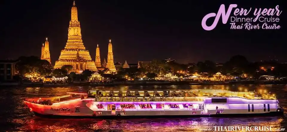 Riverside Kinlen Cruise Bangkok Thai street food buffet setup for New Year's Eve dinner Riverside Kinlen Cruise Bangkok Thai street food buffet setup for New Year's Eve dinner