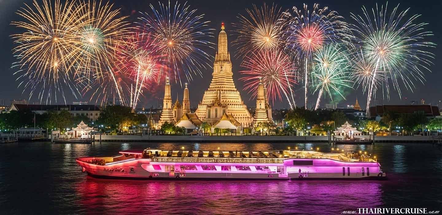Riverside Kinlen Cruise New Year EVE Bangkok Dinner Cruise Rooftop countdown party watching firework onboard Riverside Kinlen Cruise New Year Bangkok dinner cruise ticket booking reservation - Celebrate NYE 2026 on the Riverside Kinlen Cruise Bangkok. Enjoy a luxury street food buffet, free-flow beer, live music, and front-row views of the fireworks!